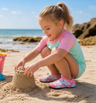Girl on beach wearing Dotty Fish swim shoes
