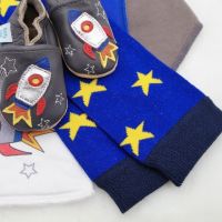 Dotty Fish blue and yellow star legwarmers and rocket shoes