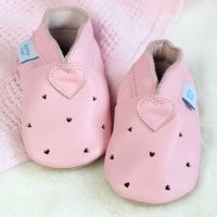 Dotty Fish leather baby shoes in pink with cut-out hearts