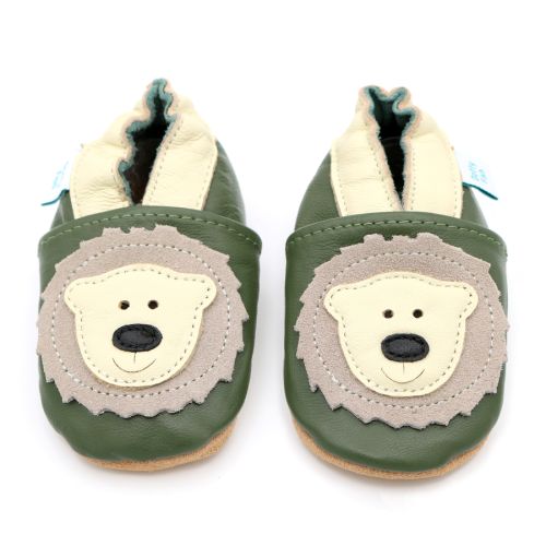 Green leather Dotty Fish soft sole baby and toddler boy’s shoes with cream ankle trim and cream bear design.