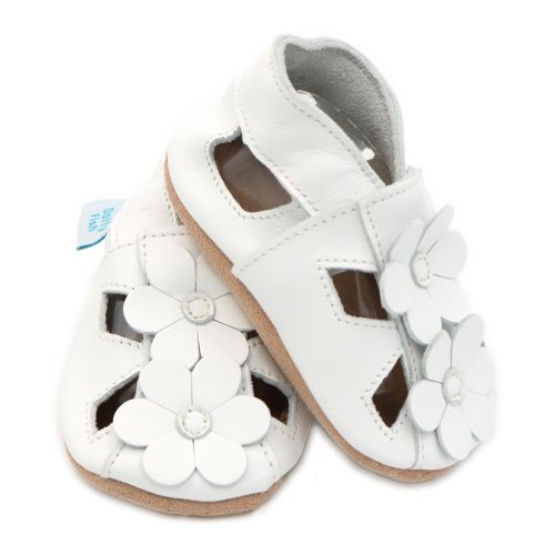 White flower baby and toddler sandals with non-slip soft soles from Dotty Fish
