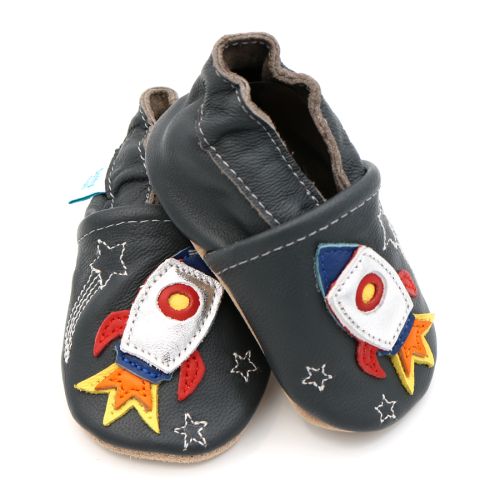 Space rocket motif soft leather baby shoes in dark grey by Dotty Fish 