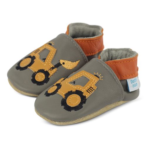 Yellow digger motif on grey leather baby shoes with orange trim from Dotty Fish