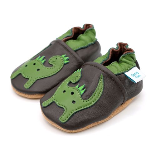 Dotty Fish Jurassic Jake brown and green dinosaur soft sole baby and toddler shoes