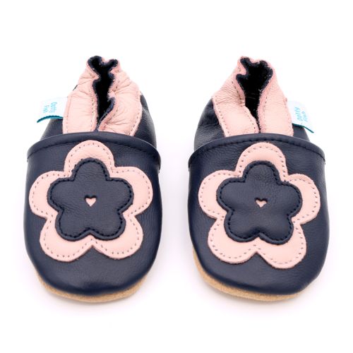 Dotty Fish navy leather baby shoes with pink flower design
