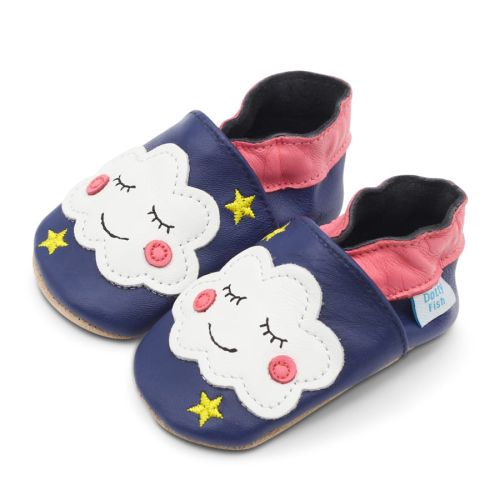 Dotty Fish soft leather baby shoes with Sweet Dreams Cloud design for little girls