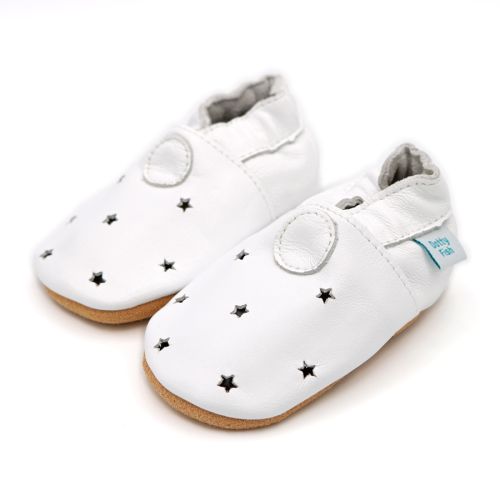 White leather baby shoes with non-slip sole and elasticated ankles by Dotty Fish 