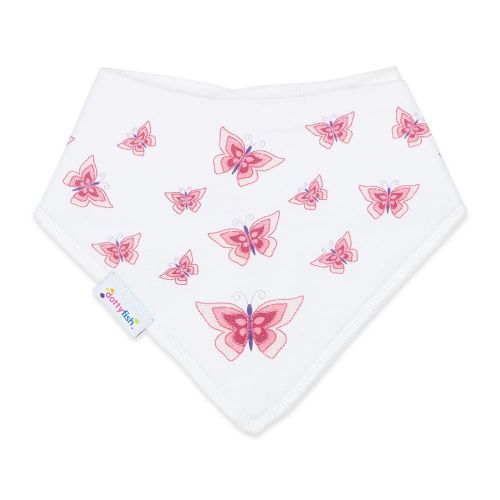 White cotton baby bib with pink butterfly design