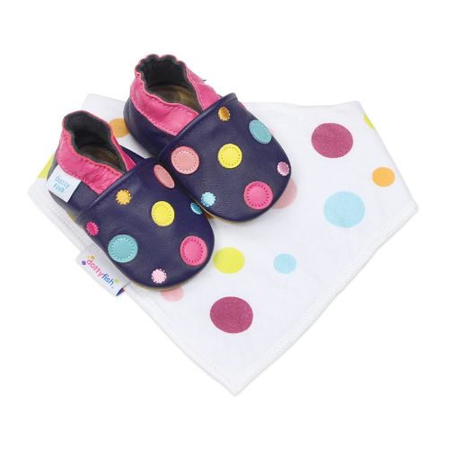 Navy leather baby shoes with colourful Spotty Dotty design and matching Spotty Dotty cotton bib from Dotty Fish - baby girl's gift set