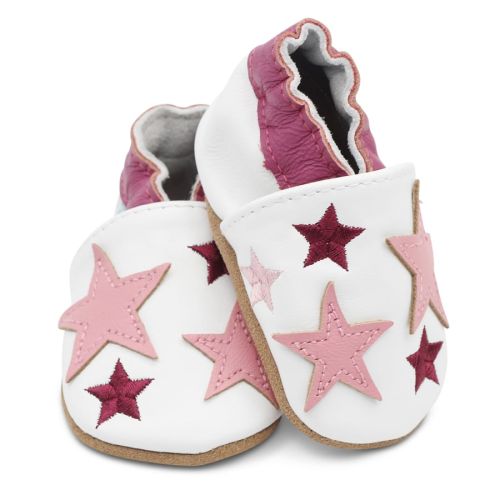 White leather baby shoes with pink stars by Dotty Fish 