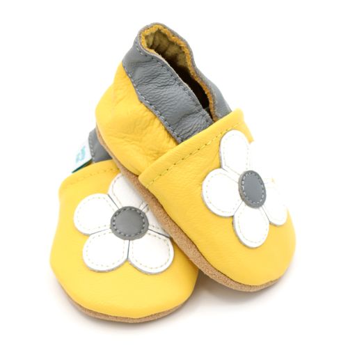 Yellow and grey leather baby shoes with white flower motif for baby girls from Dotty Fish 
