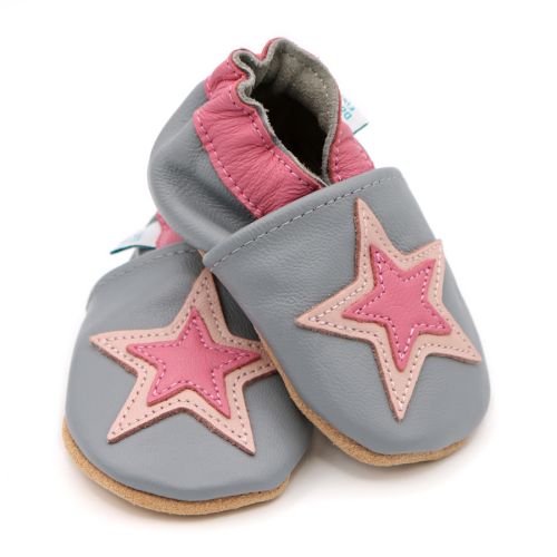 Grey and pink star leather baby shoes for girls