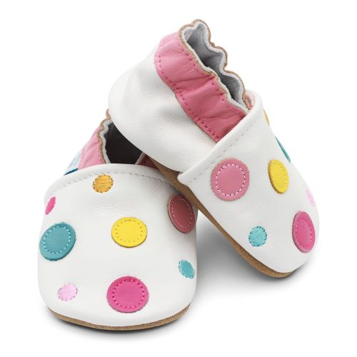Podiatry approved first shoes in white leather with colourful spotty dotty design from Dotty Fish 