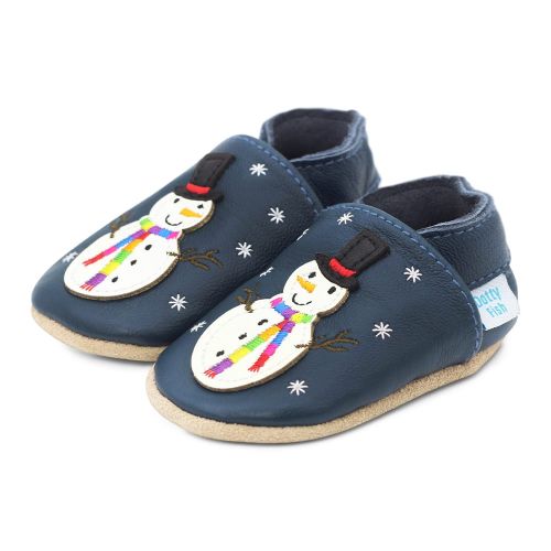 Navy blue leather baby shoes with jolly snowman motif for babies and toddlers