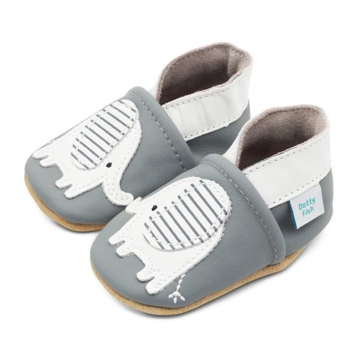Grey leather baby shoes with elephant motif - first shoes for baby and toddlers 