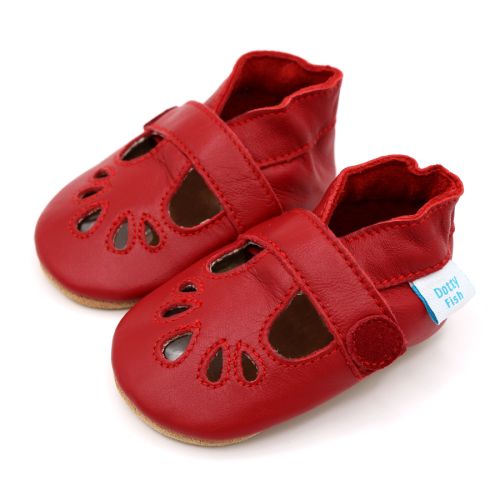 Pretty red baby shoes with classic T-bar design from Dotty Fish 