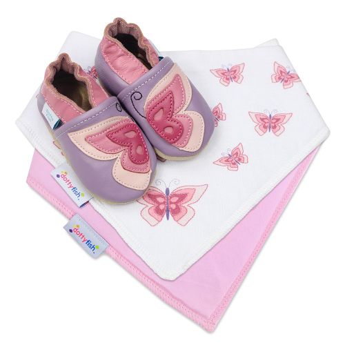 Dotty Fish baby gift set including purple leather shoes with pink butterfly, a pink cotton bib and a pink butterfly cotton bib.