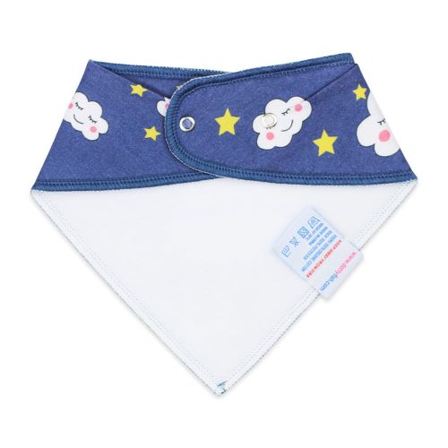 Blue baby bib with dreamy cloud design and absorbent backing by Dotty Fish 