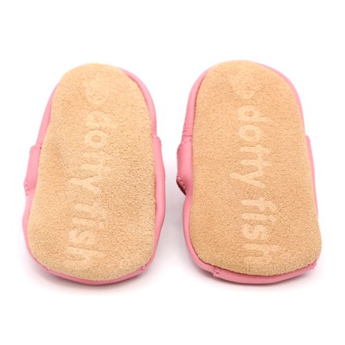 Dotty Fish Pink soft leather baby sandals with non-slip suede soles wi