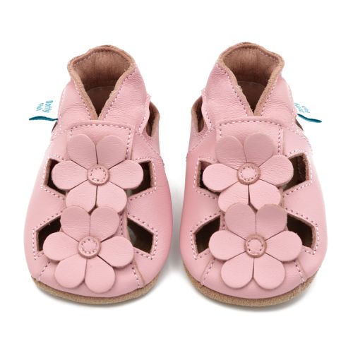 Dotty Fish pink leather baby sandals with flower design