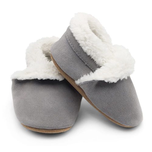 Dotty Fish Grey Suede Slippers with fleece lining for infants