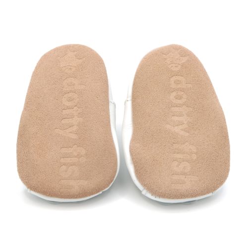 Dotty Fish non-slip suede soles on white leather baby sandals