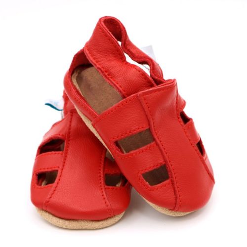 Red baby and toddler sandals with non-slip soft soles from Dotty Fish 