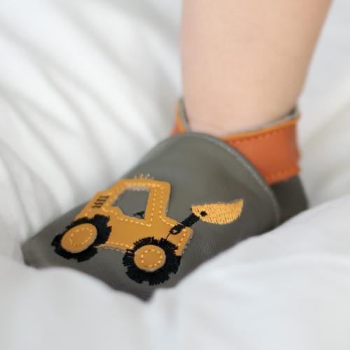 Yellow digger motif on grey soft leather baby shoes for babies and toddlers from Dotty Fish 