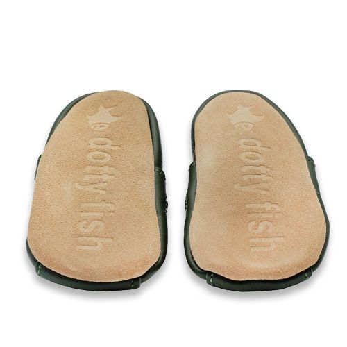 Non-slip suede soles on khaki green soft sole baby and toddler sandals from Dotty Fish