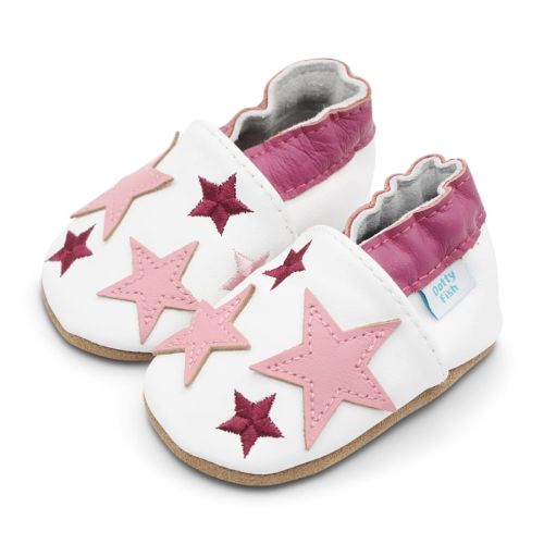 Podiatry approved white leather baby shoes by Dotty Fish with pink star design
