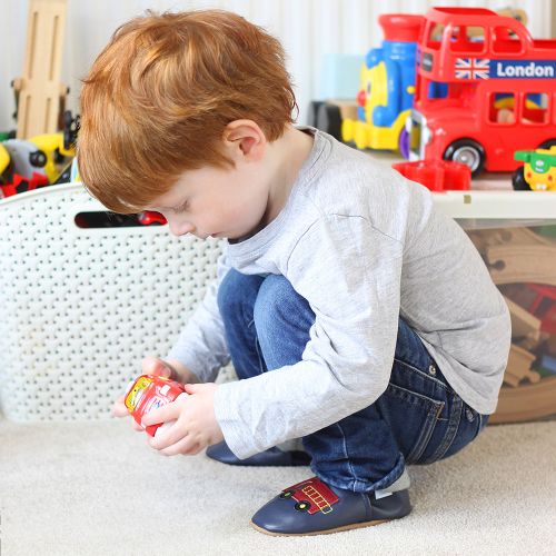 Toddler wearing Dotty Fish Red Fire Engine soft sole leather shoes