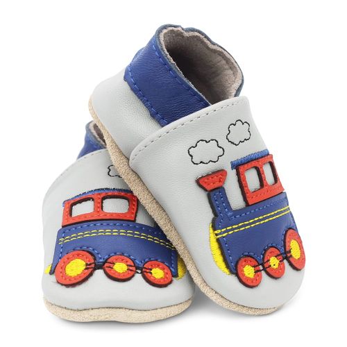 Light grey leather baby shoes with blue and red train motif by Dotty Fish 