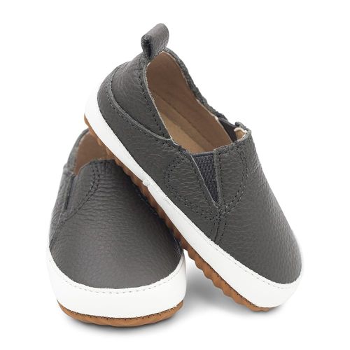 Front view of charcoal grey Stomp first walking shoes from Dotty Fish 