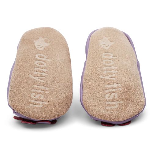 Non-slip suede soles on purple flower baby sandals from Dotty Fish