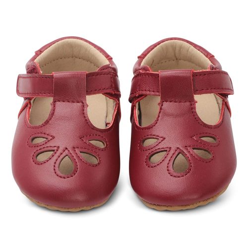 Red T Bar Rubber Soles Leather Pre Walker Shoes
