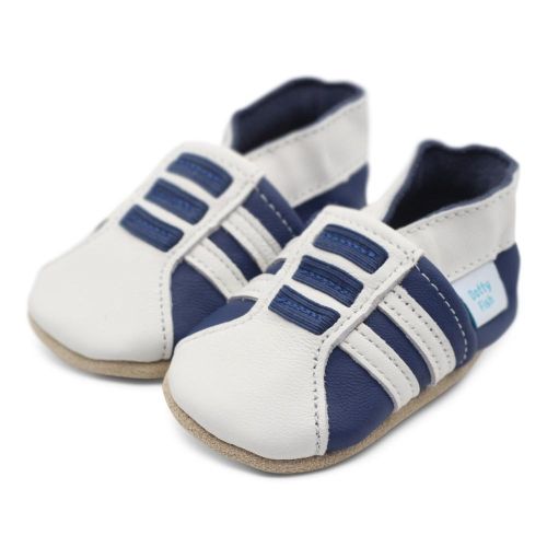 Navy and white trainer style baby shoes with non-slip sole