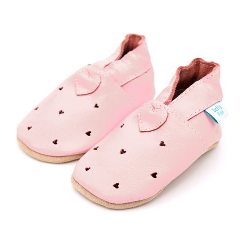 Pretty pink leather baby shoes with love hearts from Dotty Fish 