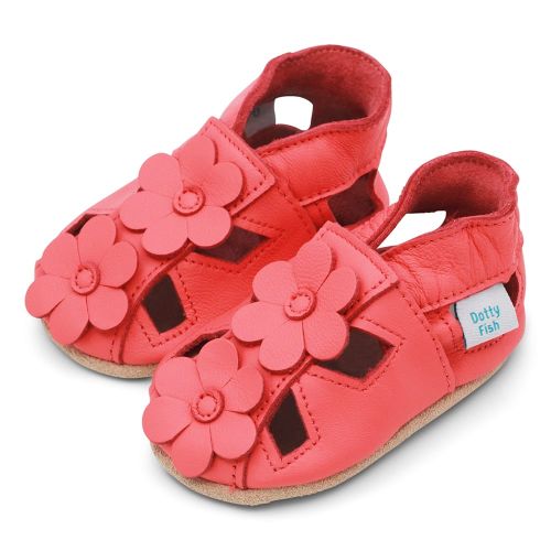 Baby girls sandals in coral pink with flower design by Dotty Fish 