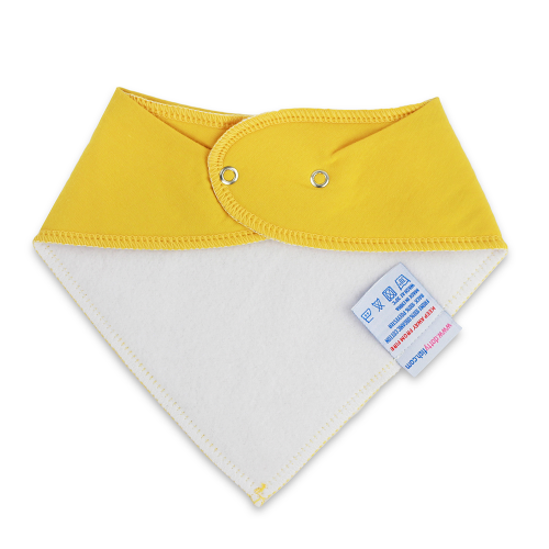 White fleece backing of mustard yellow cotton Dotty Fish bandana bib, for infant girls and boys.