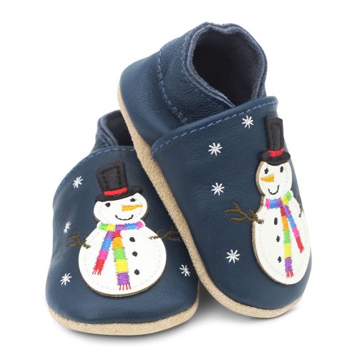 Snowman on navy blue leather baby shoes by Dotty Fish 