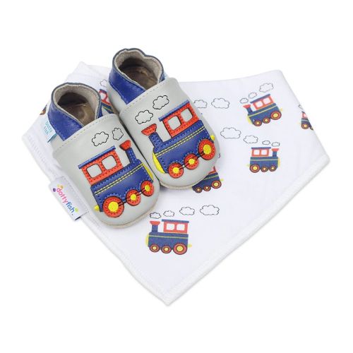Matching boys gift set with Choo Choo Train soft leather baby shoes and matching cotton bandana bib from Dotty Fish 