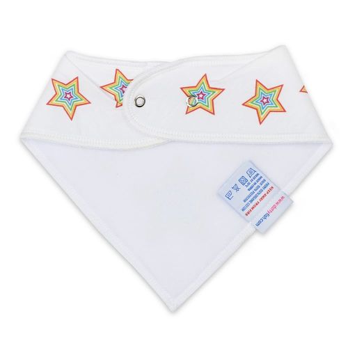 White baby bib with colourful star design and absorbent fleece backing by Dotty Fish 
