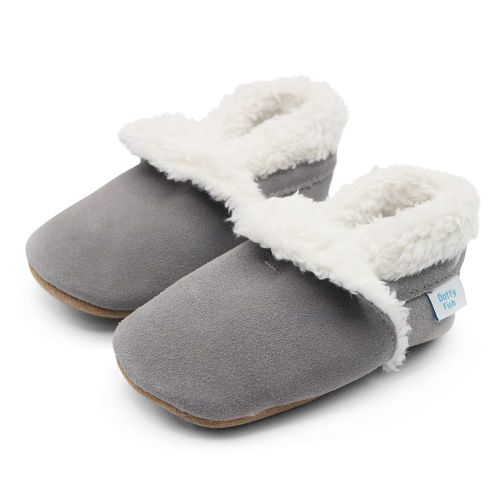 Warm baby and toddler slippers in pale grey suede from Dotty Fish 
