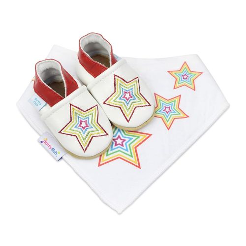 Dotty Fish White Rainbow Star soft leather baby shoes with matching cotton bib