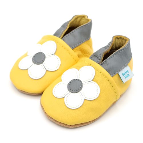 Yellow leather baby shoes with white daisy design and grey accents by Dotty Fish 