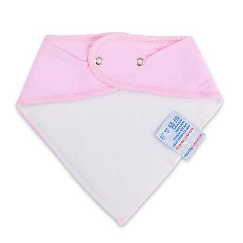 White fleece backing of pale pink cotton Dotty Fish bandana bib, for infant girls and boys.