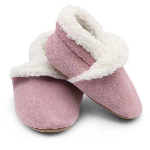 Pink suede slippers with warm fleece lining for babies, toddlers and children by Dotty Fish 