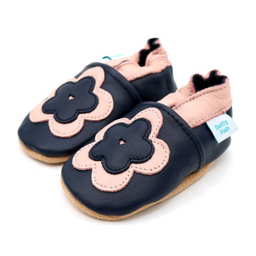 Navy leather baby girls shoes with pink flower design by Dotty Fish 