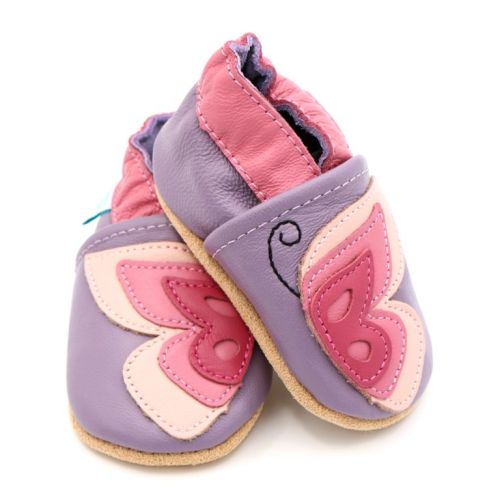 Purple and pink butterfly design soft leather baby and toddler shoes by Dotty Fish 