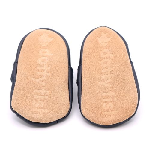 Dotty Fish non-slip suede soles on navy leather baby sandals